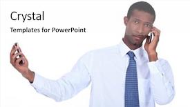  Presentation with conference phone calls - Slide deck featuring sales coverage - man passing two phone calls background and a white colored foreground