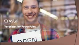  Presentation with e bike - Colorful slide deck enhanced with sales cycle - bike shop owner holding open backdrop and a coral colored foreground