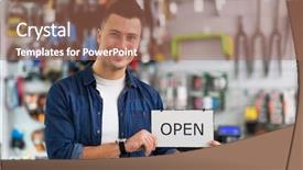  Presentation with super bike - PPT layouts enhanced with sales cycle - bike shop owner holding open background and a  colored foreground