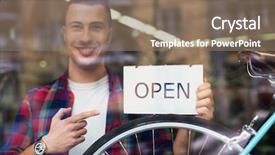  Presentation with bike engine - Audience pleasing slide deck consisting of sales cycle - bike shop owner holding open backdrop and a coral colored foreground