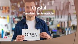  Presentation with bike - Slide deck having sales cycle - bike shop owner holding open background and a  colored foreground