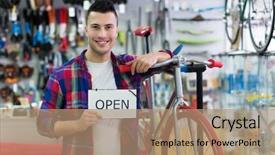  Presentation with man riding big bike motor - Cool new theme with sales cycle - man holding open sign backdrop and a coral colored foreground