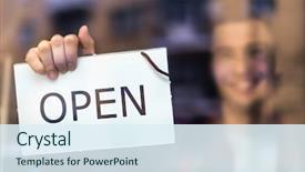  Presentation with man riding big bike motor - Amazing slide deck having sales cycle - man holding open sign backdrop and a  colored foreground