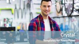  Presentation with greeiting show man - Beautiful slides featuring sales cycle - man in bike shop backdrop and a  colored foreground