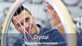  Presentation with repair shop - Cool new theme with sales cycle - man working in bicycle repair backdrop and a ocean colored foreground