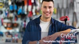  Presentation with magic shop - PPT theme featuring sales cycle - salesman in bicycle shop background and a ocean colored foreground