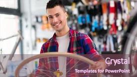  Presentation with thrift shop - Beautiful slide deck featuring sales cycle - salesman in bicycle shop backdrop and a  colored foreground