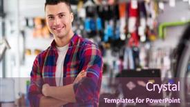  Presentation with salesman - Cool new slide deck with sales cycle - salesman in bicycle shop backdrop and a tawny brown colored foreground