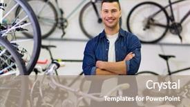  Presentation with salesman - Presentation design consisting of sales cycle - salesman in bicycle shop background and a coral colored foreground