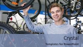  Presentation with bicycles - Colorful presentation enhanced with sales cycle - smiling boy checking bicycles backdrop and a light blue colored foreground