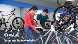 Presentation with bicycle - Beautiful slides featuring sales cycle - smiling girl showing bicycle backdrop and a ocean colored foreground