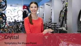  Presentation with young business woman smile show - Cool new PPT layouts with sales cycle - smiling young woman standing backdrop and a red colored foreground