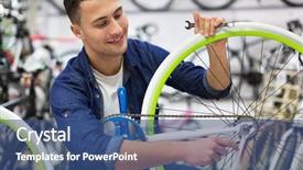  Presentation with repair shop - Slide set having sales cycle - technician fixing bicycle in repair background and a ocean colored foreground