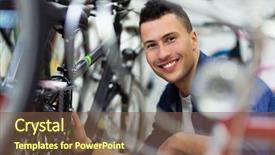  Presentation with repair shop - Slide deck featuring sales cycle - technician fixing bicycle in repair background and a tawny brown colored foreground