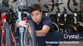  Presentation with wheel - Presentation theme featuring sales cycle - young man checking bicycle wheel background and a tawny brown colored foreground