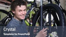  Presentation with greeiting show man - PPT theme having sales cycle - young man choosing bicycle background and a ocean colored foreground