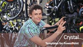  Presentation with bicycle - Amazing presentation design having sales cycle - young man choosing bicycle backdrop and a violet colored foreground