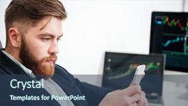  Presentation with working - Cool new presentation design with sales dasboard - concentrated bearded young businessman working backdrop and a ocean colored foreground