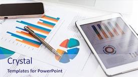  Presentation with data - Beautiful PPT theme featuring sales data - financial charts on the table backdrop and a sky blue colored foreground