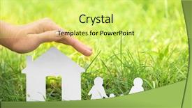  Presentation with green house - Colorful slide deck enhanced with sales figures - woman holding hand over figure backdrop and a yellow colored foreground