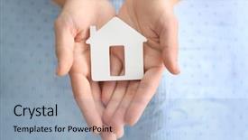  Presentation with house - Theme with sales figures - woman holding wooden figure background and a light blue colored foreground