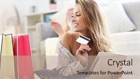  Presentation with online shopping - Beautiful PPT theme featuring sales forse - happy woman shopping online backdrop and a coral colored foreground