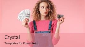  Presentation with credit card - Amazing presentation design having sales forse - portrait of doubting young girl backdrop and a coral colored foreground