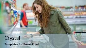  Presentation with products supermarket - Beautiful slide deck featuring sales forse - young brunette woman choosing products backdrop and a light blue colored foreground