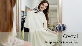  Presentation with washing clothes quotes - PPT theme with sales forse - young woman choosing clothes background and a mint green colored foreground