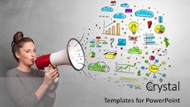  Presentation with yelling - Colorful presentation enhanced with sales growth percentage - person holding megaphone and yelling backdrop and a light gray colored foreground