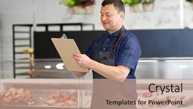  Presentation with fish people - Presentation design featuring sales inventory - food sale small business background and a coral colored foreground