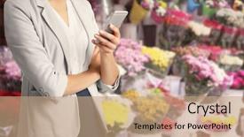 Presentation with wholesale - Cool new PPT theme with sales inventory - woman using smartphone on flower backdrop and a coral colored foreground