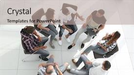  Presentation with team building - Cool new PPT theme with sales manager coaching - business team sitting backdrop and a  colored foreground