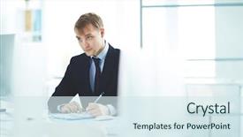  Presentation with business report - Presentation design having sales managment - portrait of successful young business background and a  colored foreground