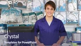  Presentation with friendly - Slide set consisting of sales manufacturing - portrait of the friendly owner background and a navy blue colored foreground