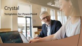  Presentation with sales business plan activities and sales target - Presentation having meeting in modern open plan background and a coral colored foreground