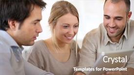  Presentation with tablet - Presentation theme having sales people - business team in office working background and a coral colored foreground