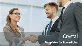  Presentation with business partner - Presentation theme having sales people - business woman shaking hand background and a  colored foreground