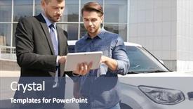  Presentation with car sales - Cool new slides with sales people - salesman with tablet and client backdrop and a ocean colored foreground