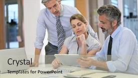  Presentation with sales - Presentation design having sales-people-meeting-in-office background and a soft green colored foreground