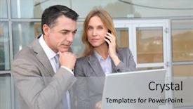  Presentation with people in sales - Slides having businessman tearing his shirt under her blue clothes super hero background and a dark gray colored foreground