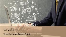  Presentation with sales growth - Audience pleasing slide set consisting of sales person in suit using a laptop to calculate pie chart and exponential growth statistics on office desk concept backdrop and a coral colored foreground