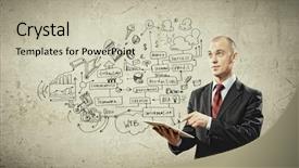  Presentation with ipad - Presentation design consisting of sales plan - image of young businessman holding background and a soft green colored foreground