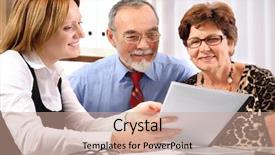  Presentation with advisor to senior clients - Slide set with sales plan - senior couple meeting with agent background and a coral colored foreground