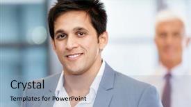  Presentation with doctor and collegue relationship - Colorful slide set enhanced with sales professional - portrait of businessman with collegue backdrop and a  colored foreground