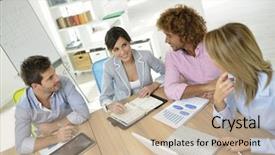  Presentation with meeting table - Presentation featuring sales team - business people meeting around table background and a mint green colored foreground