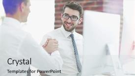  Presentation with handshake - Cool new slides with sales promotion management - handshake manager and customer backdrop and a  colored foreground