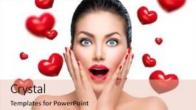  Presentation with girl model - Cool new presentation theme with woman with flying red heart backdrop and a coral colored foreground