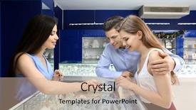  Presentation with jewelry - Colorful PPT theme enhanced with golden gem - young couple choosing ring backdrop and a coral colored foreground