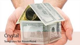  Presentation with white house - PPT theme having sales proposal abstract - dollar house on the hands background and a coral colored foreground
